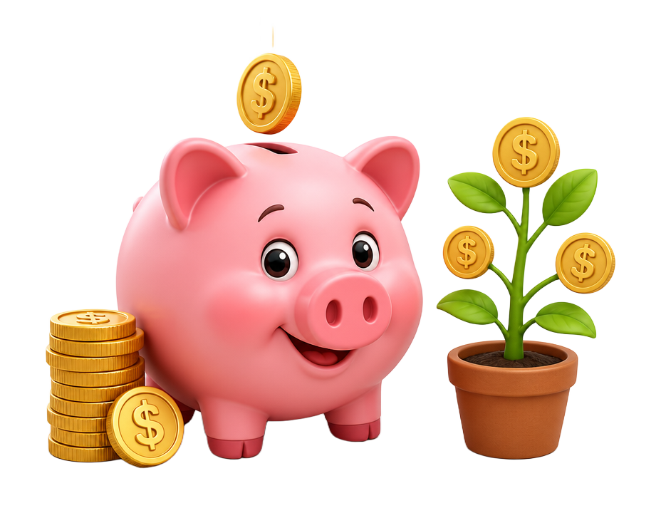 Piggy bank with coins and a money plant